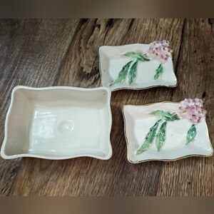 Vtg Ceramic Ashtrays Hand Painted Pink Floral Trinket Dish With Holding Tray